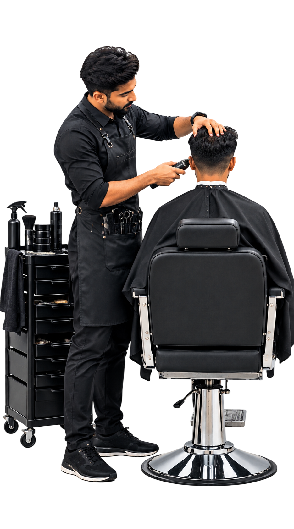 Barber styling a client’s hair at our salon